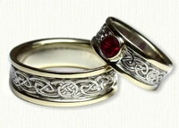 Celtic Circle Loop Knot Wedding Band with bezel set Ruby. White gold center/yellow rails