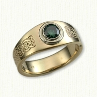 14kt yellow 'Mary' Celtic engagement ring with bezel set green sapphire